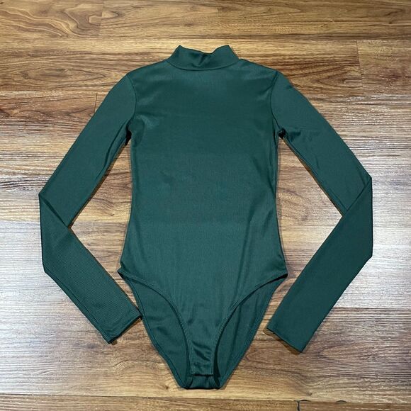 Zara Green Ribbed Long Sleeve Mock Neck Bodysuit Womens Small Lightweight - Picture 1 of 7